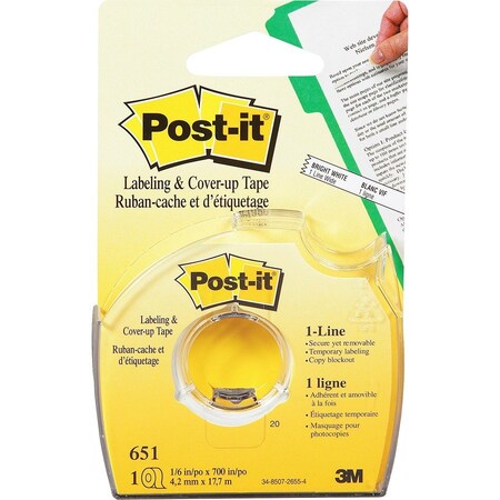 Post-It Cover Up And Labeling Tape, 1 Line Roll, 1/6"x700", White PK MMM651